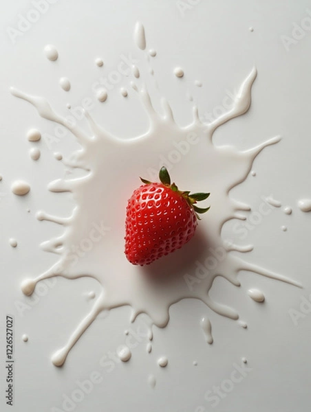 Fototapeta Fresh strawberry splashed with creamy milk on surface