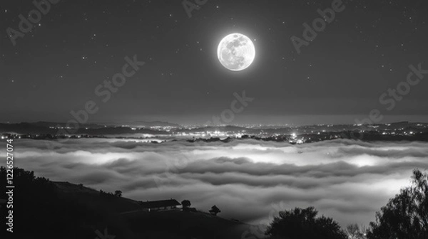 Fototapeta A serene black-and-white landscape with a full moon illuminating foggy valleys.