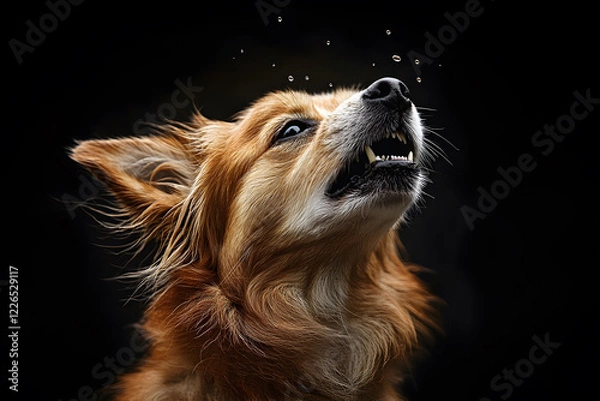 Fototapeta A fierce, aggressive dog mid-bark, baring its sharp teeth with intense, glowing eyes with an isolated background