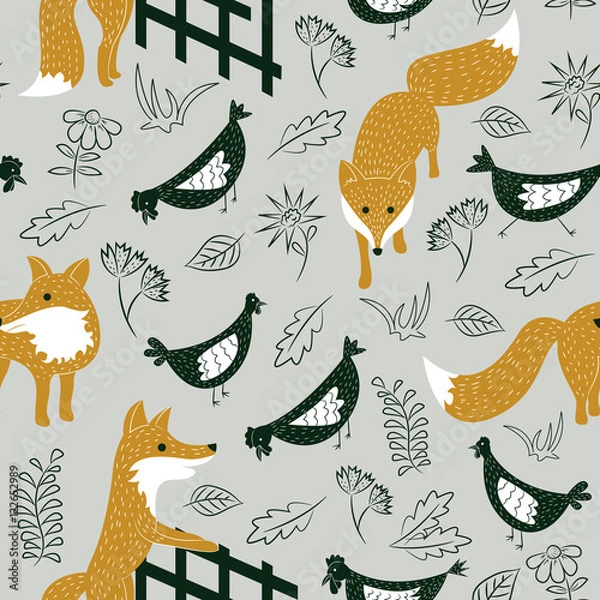 Fototapeta Sly foxes and chickens vector seamless pattern