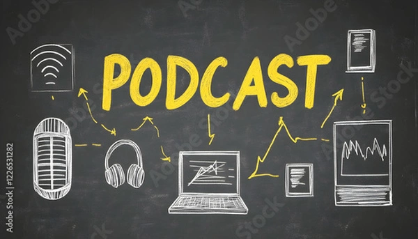 Obraz Chalkboard illustration depicting podcasting concept; devices, headphones, microphone, and growth chart. Ideal for marketing or educational materials.