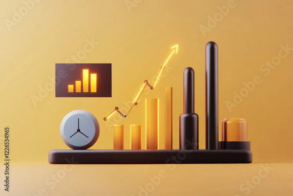 Obraz Modern data visualization with graphs, clock, and growth indicators