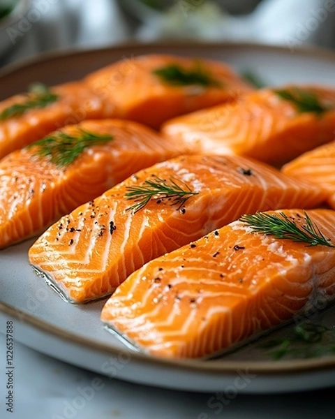 Fototapeta Zoomed-in shot of salmon slices arranged neatly in a dish, with soft lighting and a fresh, bright kitchen background accentuating the texture of the fish