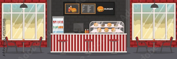 Fototapeta Cute and nice design of Burgers shop with furniture and interior objects vector design