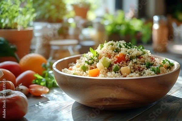 Fototapeta Detailed image of quinoa beautifully arranged in a wooden bowl, placed on a kitchen table, surrounded by natural light and a rustic setting