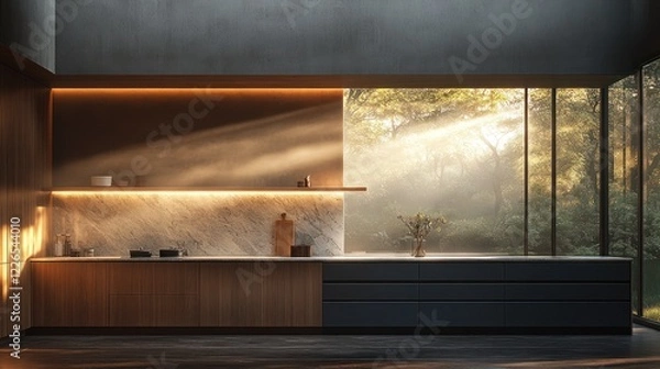 Fototapeta Modern kitchen, sunrise forest view, minimalist design, sunlight beams