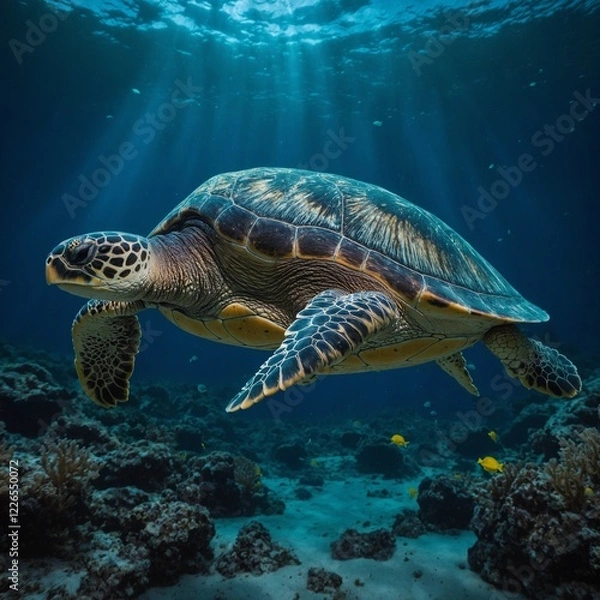 Obraz A bioluminescent sea turtle in an ethereal underwater world.