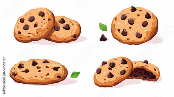 Obraz Delicious chocolate chip cookies, various angles, isolated on white background, perfect for baking websites or recipe books