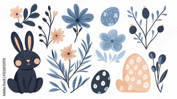 Fototapeta Easter bunny, flowers, eggs design elements.  Perfect for spring cards, websites, and prints