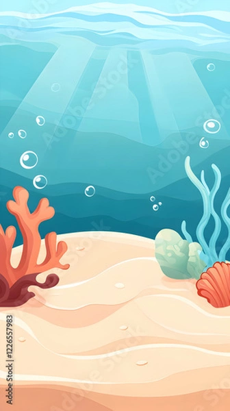 Fototapeta Underwater ocean scene sandy seabed, coral, shells, sunlight. Background Blue water, bubbles. Ideal for children's book illustrations or website backgrounds