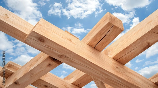 Fototapeta Wooden beams pergola structure against blue sky; architectural design, construction, outdoor project