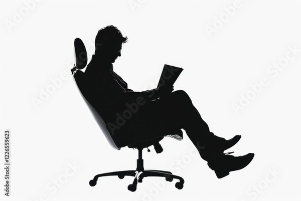 Obraz Silhouette of a Person Sitting and Reading in an Office Chair. A Black and White Minimalist Image Representing Relaxation and Work.