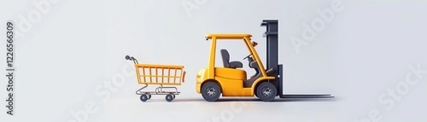 Fototapeta Yellow forklift with a shopping cart on white background. Concept of logistics, transportation, and shopping. Creative composition.