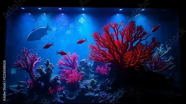 Obraz Creative light art depicting a creepy, eerie vibrant reef with corals and fish. Dark tones, artistic lighting, abstract patterns, Created using Generative Ai