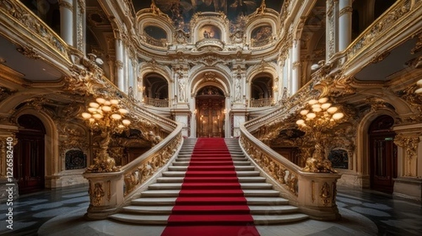 Fototapeta a grand opera house with intricate architecture and a red carpet entrance.Architectural design elements modern interventions creativity --ar 16:9 --v 6.1 Job ID: 470c92e1-3bbd-4659-b633-deb2aec13888