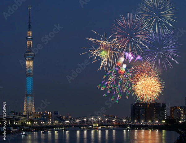 Obraz 花火とスカイツリータワー