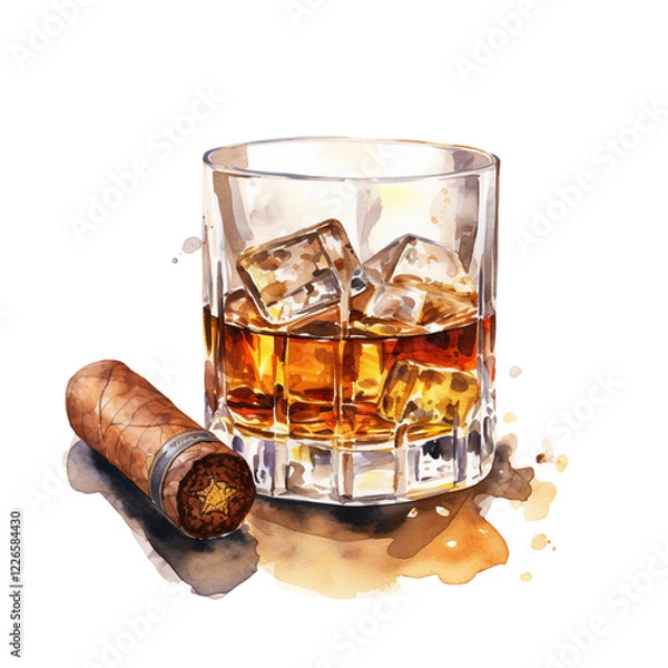 Obraz Cigar Glass of Whisky Clipart Vector Illustration – Elegant Whiskey and Cigar Design