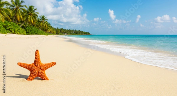 Fototapeta A picturesque tropical beach with white sand, turquoise water, palm trees, and a vibrant blue sky
