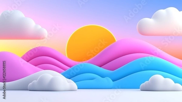 Fototapeta Pastel Sunset Landscape with Soft Hills and Fluffy Clouds