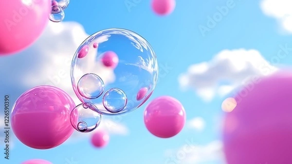 Fototapeta Pink and Transparent Bubbles Floating in a Blue Sky with Clouds