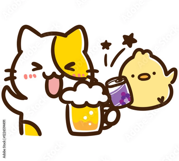 Obraz ジョッキと缶で乾杯をするかわいいねこのひよこのキャラクターのデフォルメイラスト