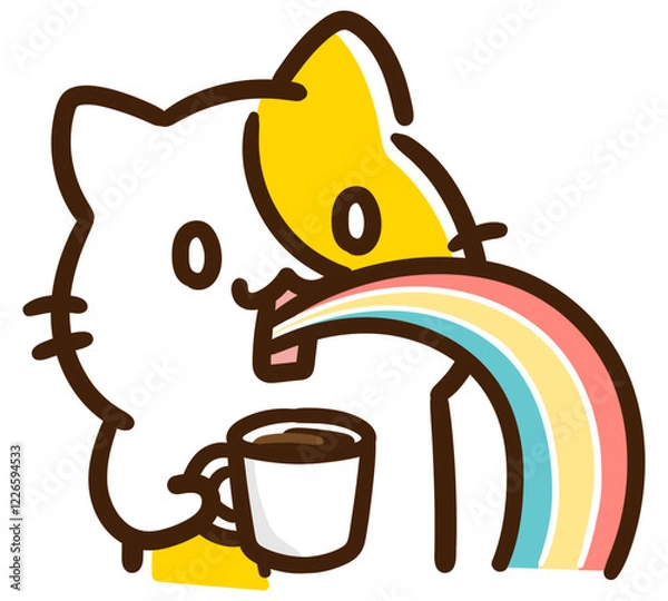 Obraz 飲み物を飲んでレインボーを吐くかわいいねこのキャラクターの上半身イラスト