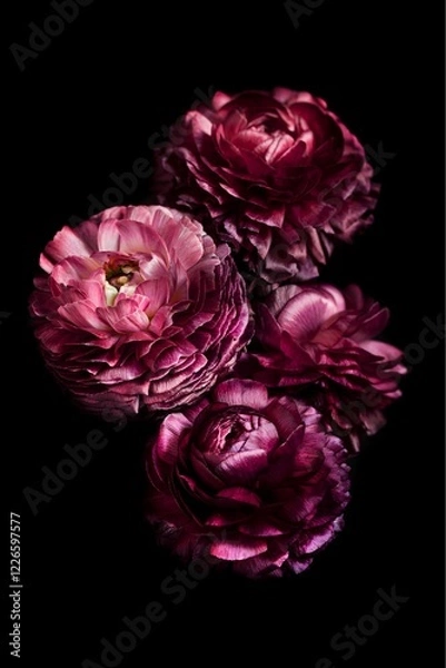 Fototapeta Burgundy Bloom, A close-up photograph of a vibrant cluster of deep burgundy ranunculus flowers with tightly packed, velvety petals, isolated against a dark background.