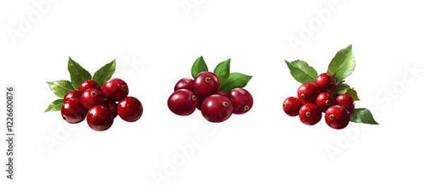Obraz Set of cranberry icons with leaves on white background.
