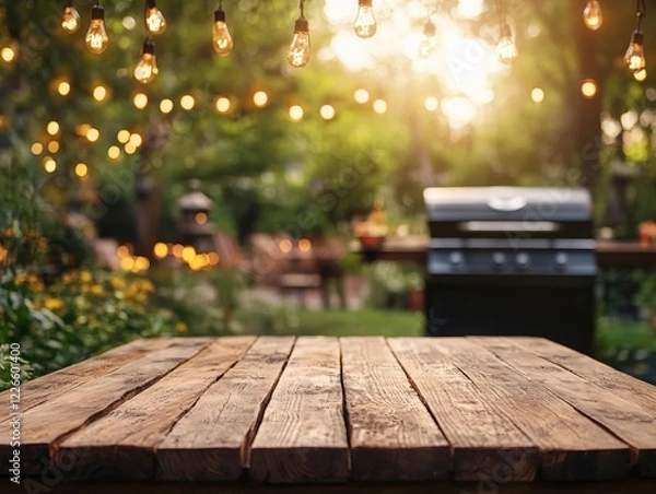Fototapeta Rustic wooden table with string lights and blurred garden background at sunset golden hour