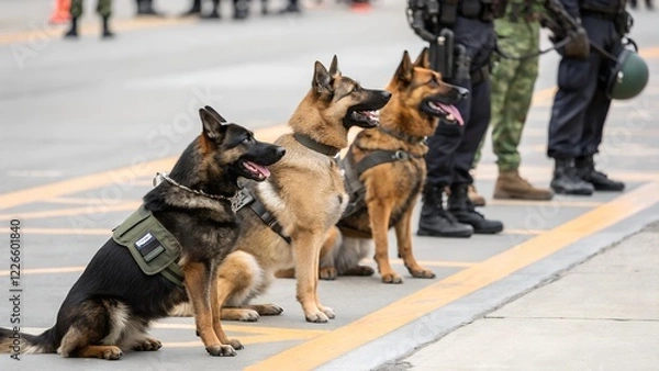 Fototapeta A composed shot of three German Shepherd working dogs sitting attentively in a line