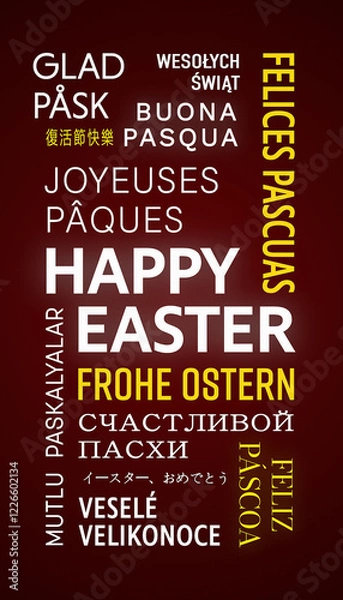 Obraz Vertical illustration of Happy Easter message in different languages - keywords cloud with white and yellow text on dark background - vacation concept.