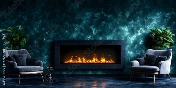Fototapeta A cozy room with two elegant armchairs, a modern fireplace, and two leafy plants against a deep teal wall. Concept Cozy Interior Design, Elegant Armchairs, Modern Fireplace, Leafy Plants