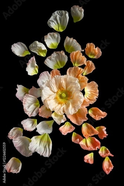 Fototapeta Poppy Petal Dance, A close-up photograph of delicate poppy petals in various shades of orange and white, gracefully scattered and floating against a dark background.