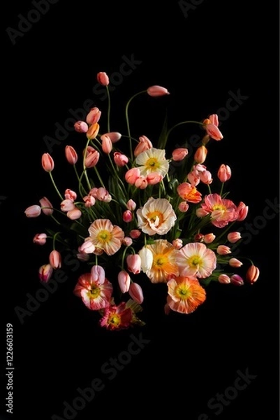 Fototapeta Springtime Bloom, A close-up photograph of a vibrant arrangement of pink tulips and delicate poppies in shades of peach and yellow, creating a striking display against a dark background.