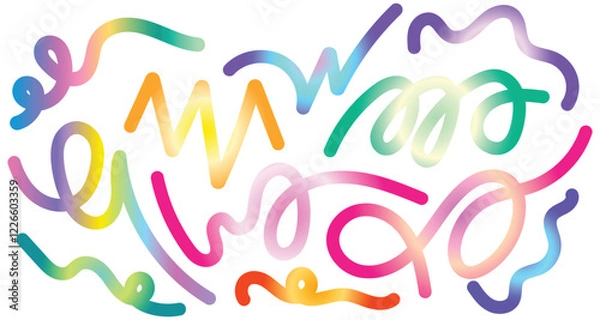 Obraz Set of Abstract Lines with Gradient texture.  Wavy Color Shape Vector Graphic Design. Dynamic Geometric Pattern. Background with Color Waves. Illustration of Squiggle Rainbow Ribbons.