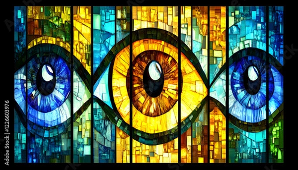 Obraz Vibrant stained-glass artwork depicting three stylized eyes in blue and gold hues, symbolizing vision, perception, and insight.  Perfect for spiritual, artistic, or design-related projects.