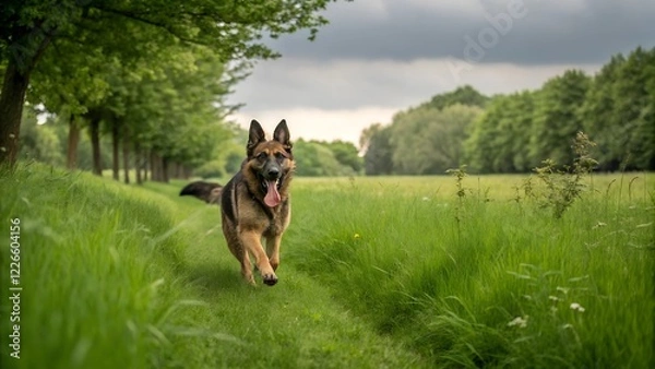 Fototapeta A dynamic image of a German Shepherd dog running through a grassy field under a cloudy sky