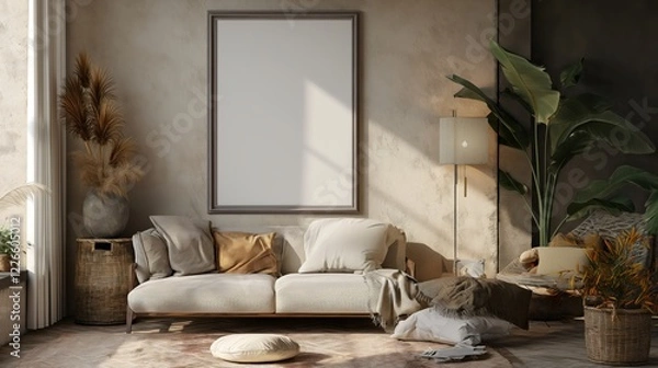 Fototapeta Living room with sofa and white mockup poster frame on the wall.