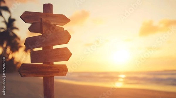 Fototapeta A wooden signpost with empty directional signs stands alone on a deserted tropical beach. The golden sunset illuminates the palm trees in the distance, and gentle ocean waves reflect the fiery hues
