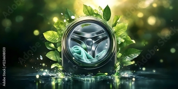 Fototapeta A washing machine surrounded by leaves and water droplets, symbolizing cleanliness and eco-friendliness. Concept Eco-Friendly Appliances, Nature-Inspired Design, Cleanliness Symbolism