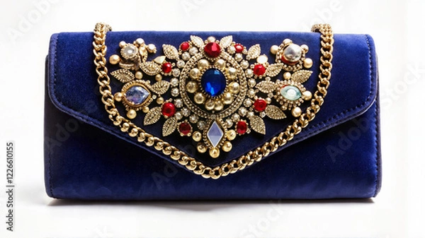 Fototapeta Blue velvet clutch with intricate gold chain and beaded pattern