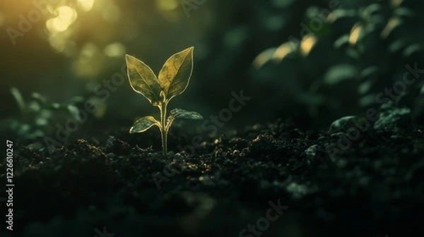 Fototapeta A close-up of a tiny green seedling sprouting from rich, dark soil, illuminated by soft sunlight in a garden.
