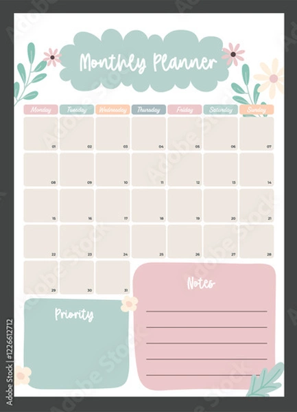 Fototapeta colorful Printable Personal Planner Templates. A4 Format with Daily, Weekly, Monthly Pages, Menu Plan, Grocery List, Habit Tracker and Book List. Perfect for Organizing Daily Routines.