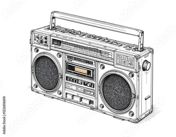 Fototapeta technical drawing schematic illustration of a vintage fictional unbranded radio, cassette player, ghetto blaster, boombox.  line art, mechanical drawing, engineering sketch, vintage sound, retro music