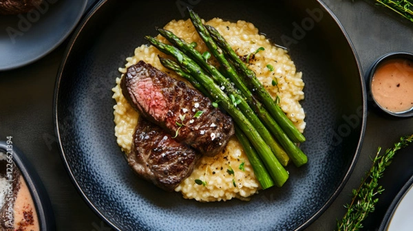 Fototapeta Gourmet Valentine dinner featuring steak, creamy risotto and asparagus served in a refined modern fine-dining restaurant