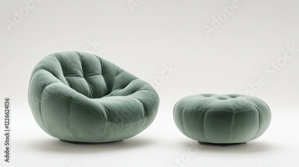 Obraz Plush lounge light green chair and footstool, circle shape, the base of the lounge chair and footstool is a metal five-star foot