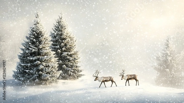 Obraz Winter Reindeer Pair Snowy Forest Christmas Card