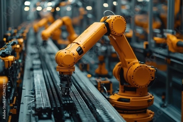 Fototapeta Industrial robots assembling products in a modern manufacturing facility during daylight hours