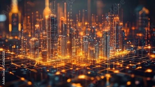 Fototapeta A futuristic concept of a smart city under construction, integrating technology and sustainability in urban development, innovative and inspiring 