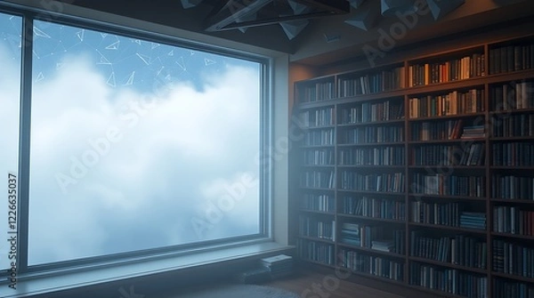 Obraz Low-angle perspective, digital sketch, loose painterly strokes, complementary colors, misty atmospheric, dramatic lighting, rough texture, cozy library filled with books, Created using Generative Ai